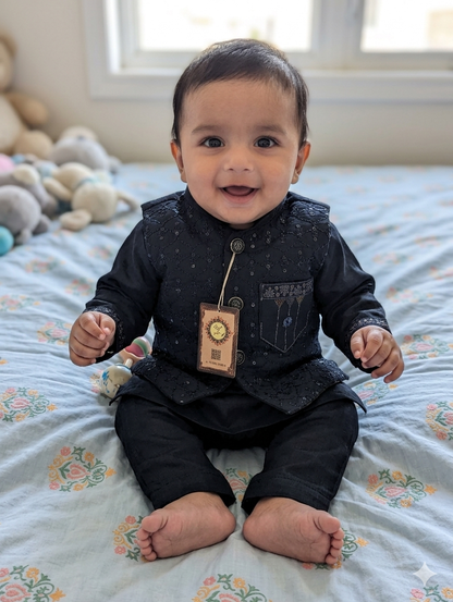 Infant dark blue jacquard  kurta pajama set featuring an embroidered vest,
