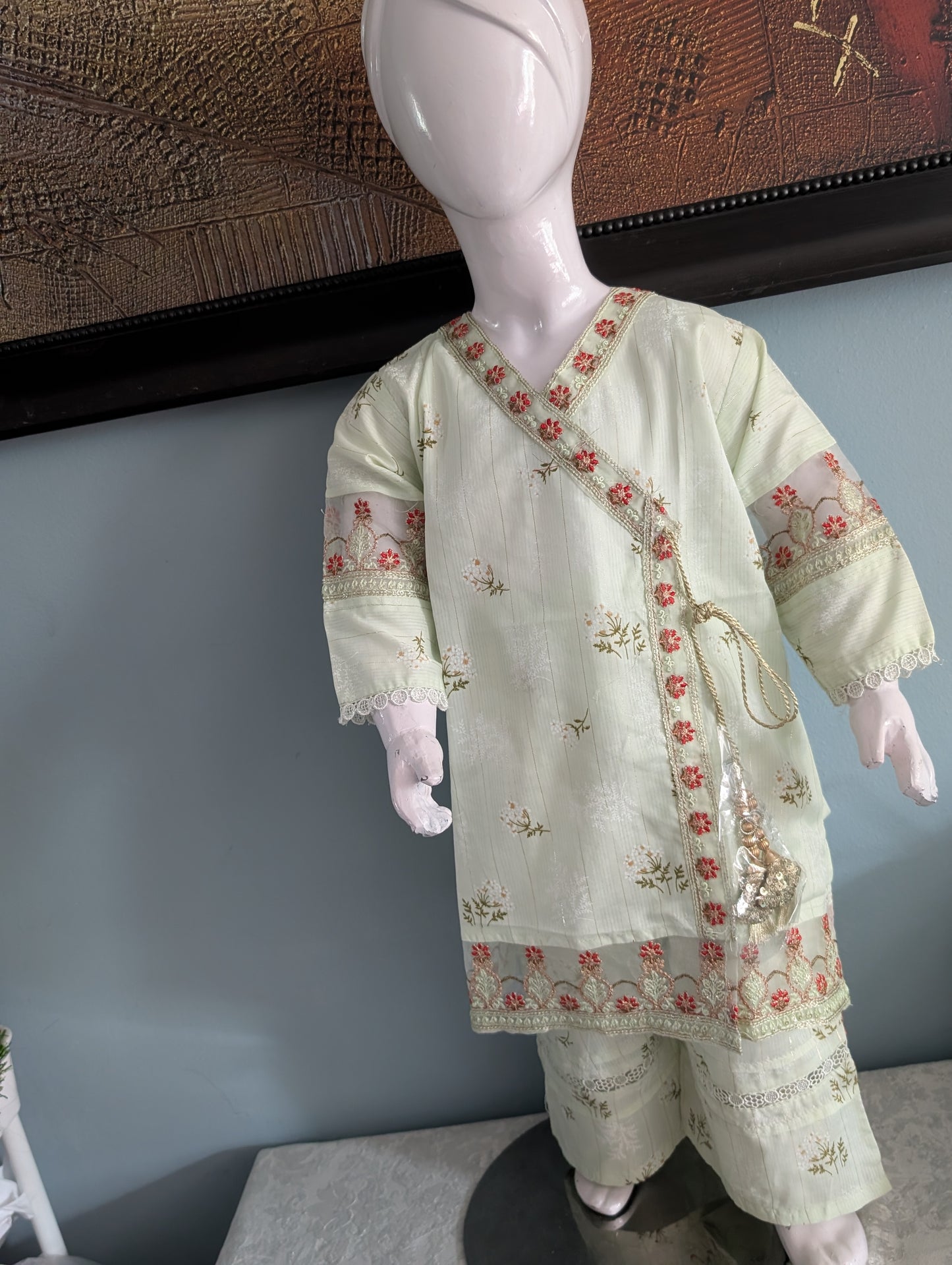 Girls mint green embroidered angrkha dress