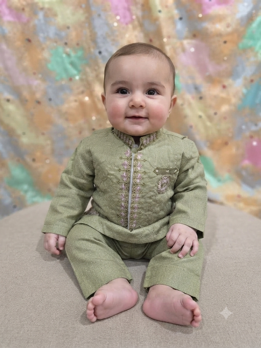 Infant viscose embroidered kurta pyjama with embroidered waistcoat