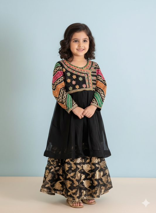 Girls black shafoon embroidered frock with gharara