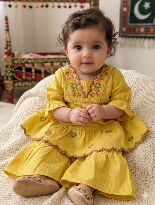 Infant cotton embroidered yellow frock with gharara style pants