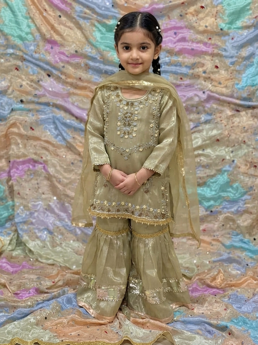 Girls /Olive-gold/  hand-embroidered /silk/ short kurta paired with matching flared gharara and sheer dupatta.