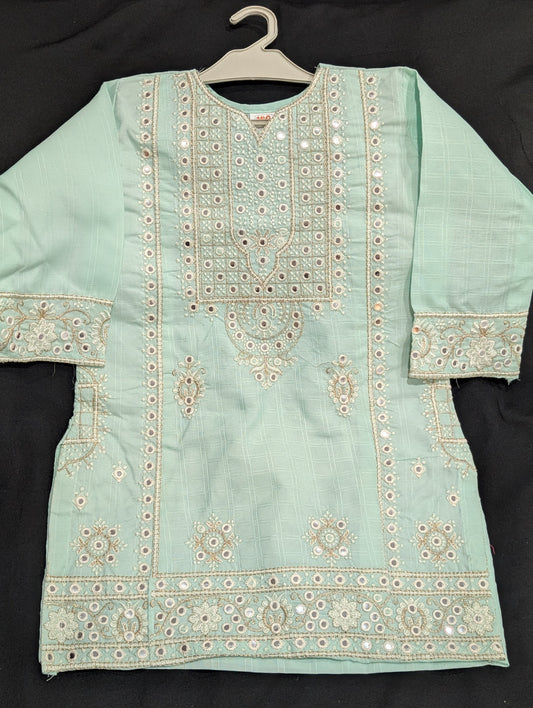 Girls' cotton dress with full mirror work embroidery and matching pants.
