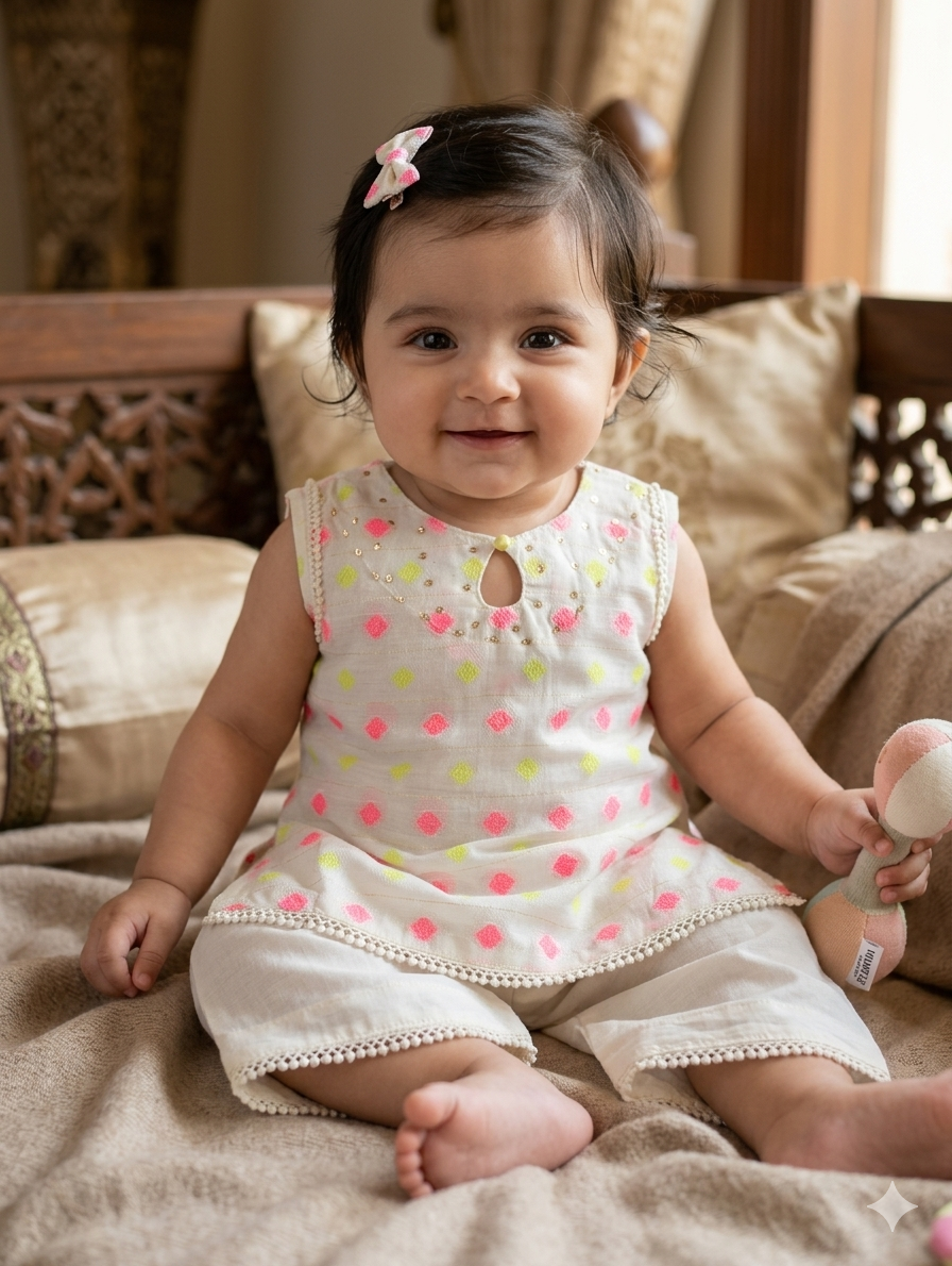 Infant lawn sleeveless tunic and matching wide-leg trousers with pink and lime green diamond patterns