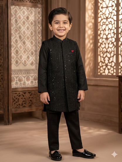 Boys formal black kurta with an embroidered waistcoat