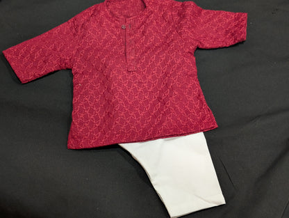 Boys' maroon chickenkari kurta with white pyjama