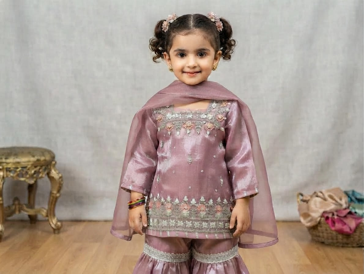 Girls' mauve kurta crafted from soft silk with an inner lining, featuring intricate hand-embellishments. It is paired with a matching gharara made from smooth, premium malai fabric and an ethereal moonlight dupatta.