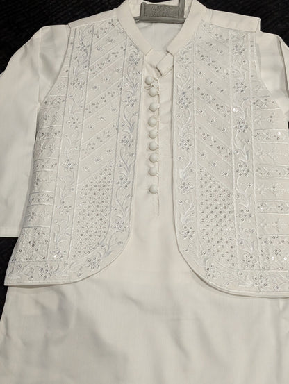 Boys white cotton kurta pyajama with sequence work matching Waistcoat