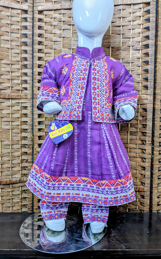 Girls purple embroidered cotton  focks with trouser