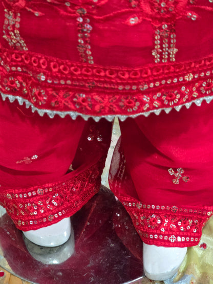 Girls Vibrant red  traditional kurta and pants set featuring intricate tonal embroidery, sequin work, and sheer sleeves.
