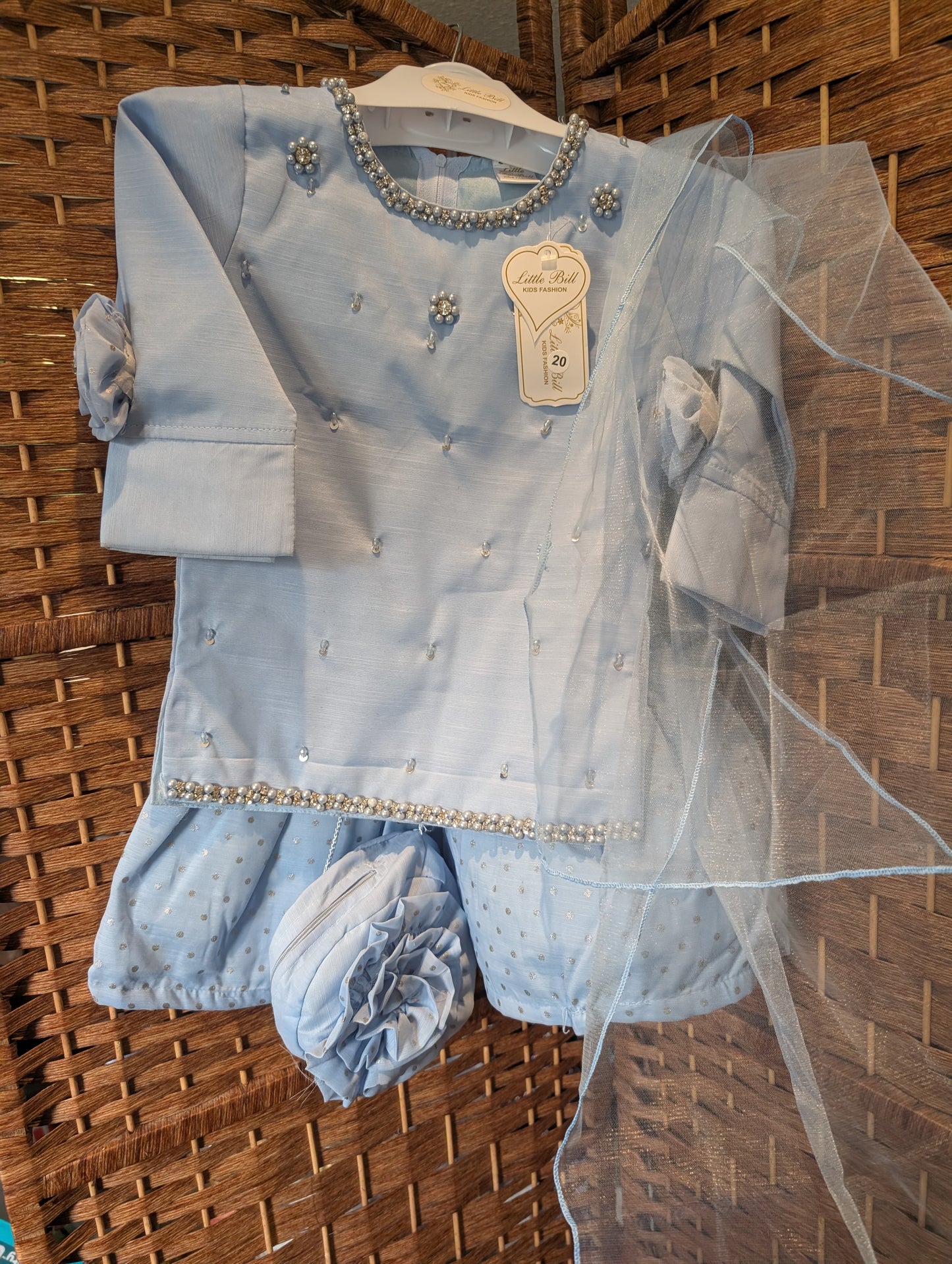 Girls light blue Three piece gharara set with matching bags