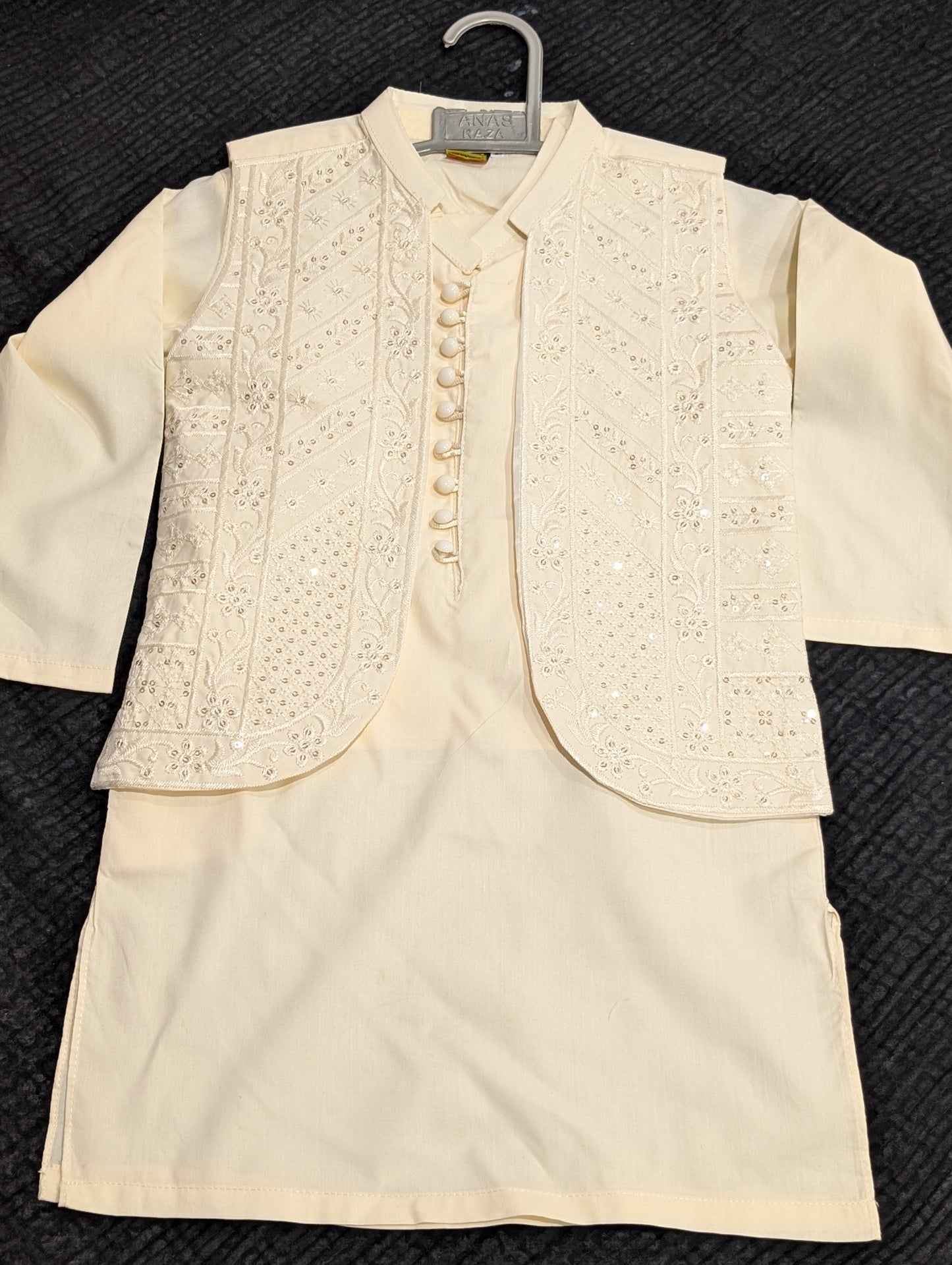 Boys cream cotton kurta pyajama with sequence work matching Waistcoat