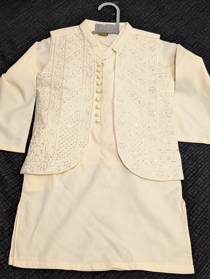Boys cream cotton kurta pyajama with sequence work matching Waistcoat