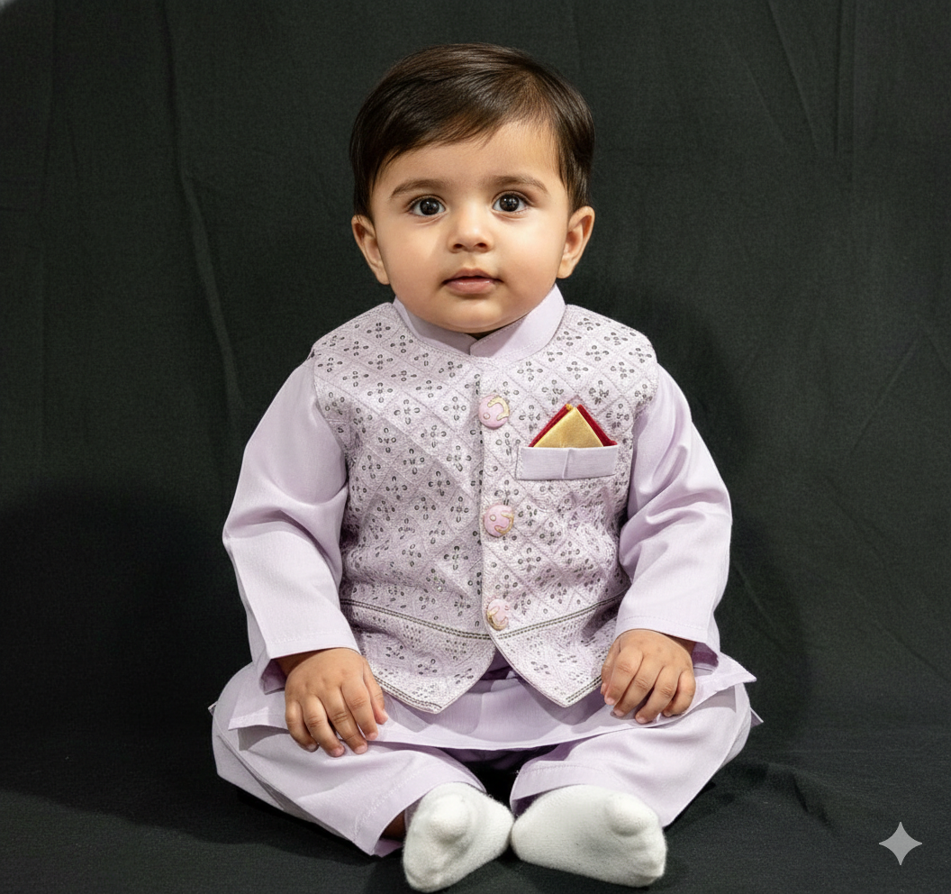 Boys' lilac cotton kurta pyjama with a sequence work waistcoat (normal quality)