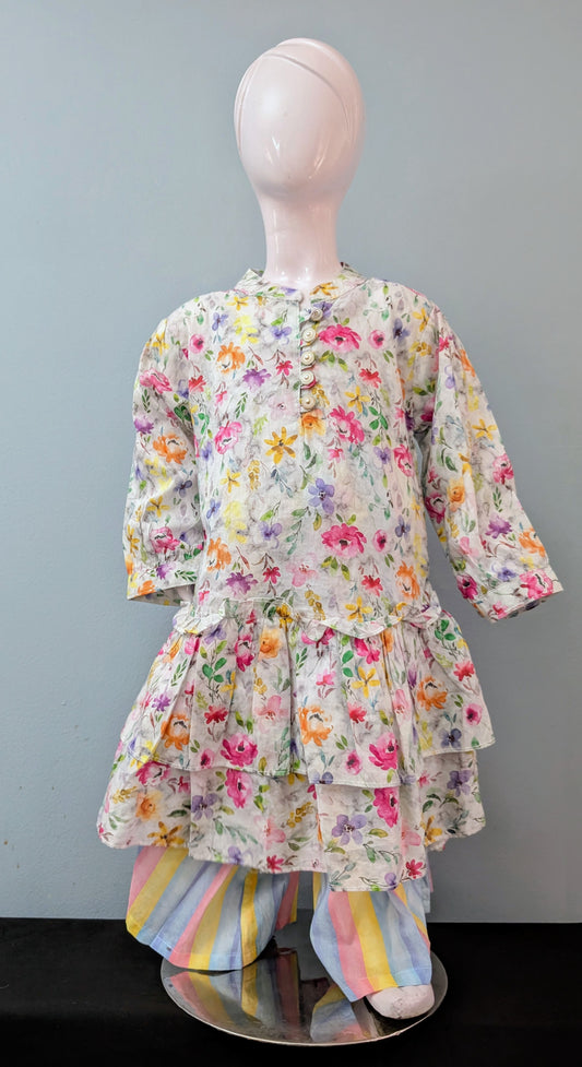 Girls printed peplum frock with printed trouser