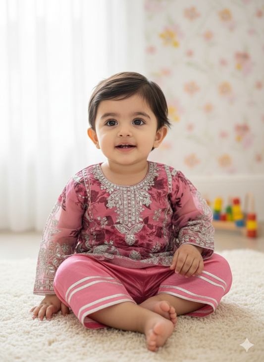 Girls printed and embroidered organza shirt with silk fershi shelwar