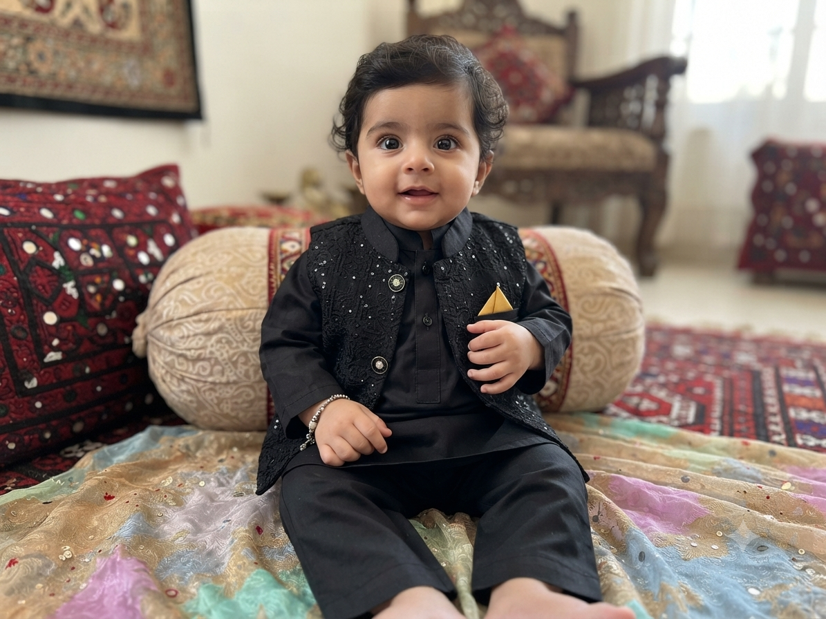 Infant black cotton kurta pyjama with embroidered Waistcoat