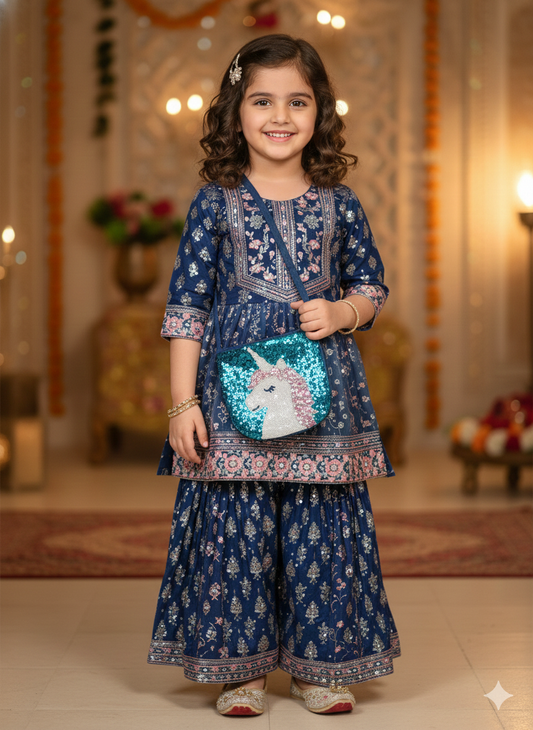 Girls' blue unicorn motif shimmery bags