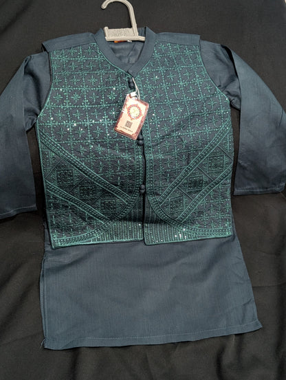 This peacock green kurta pajama ensemble features a sequence work waistcoat for boys.
