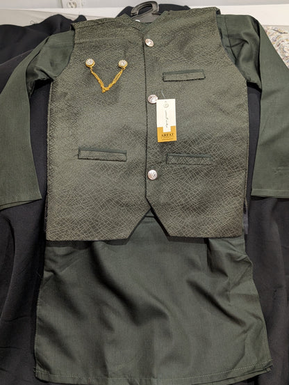 Boys' olive green kurta pyjamas with a matching pattern waistcoat