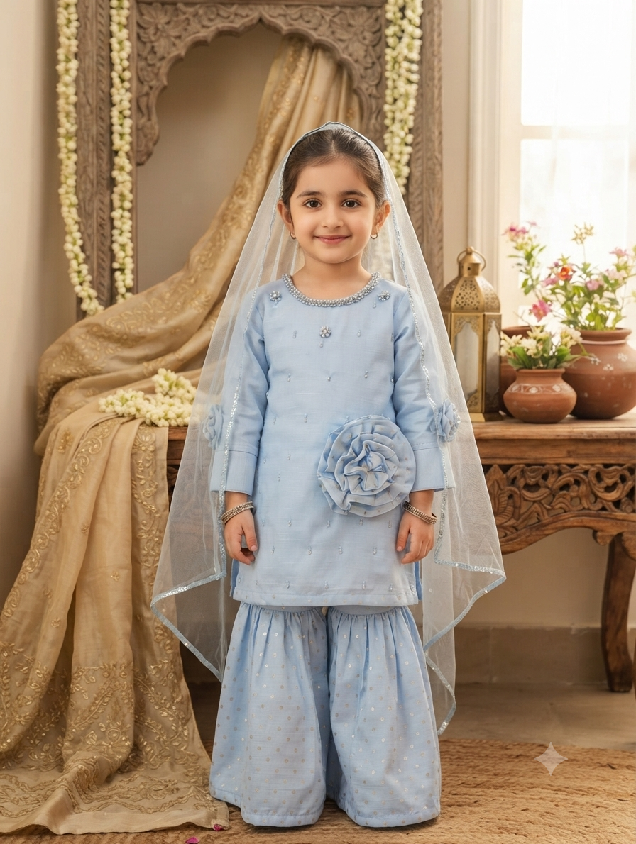 Girls light blue Three piece gharara set with matching bags