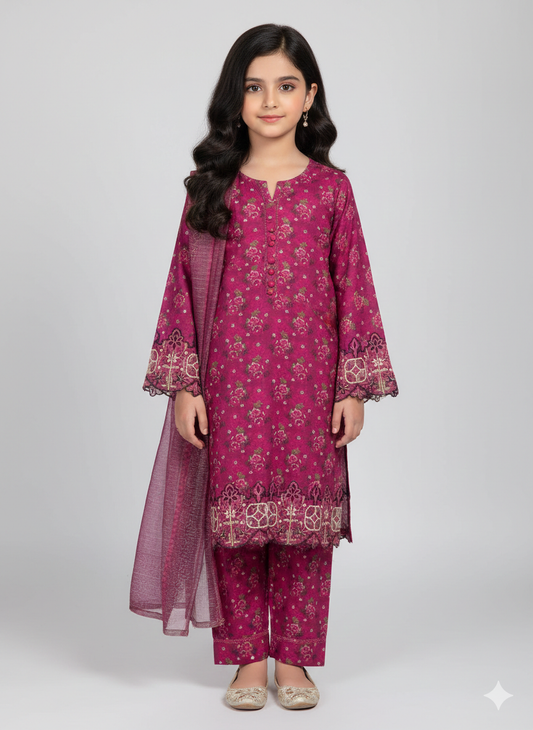 Girls linen printed, boring work on sleeves and damun kurta with matching pants and net printed dupatta