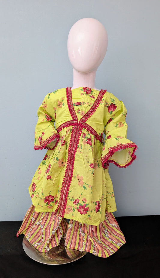 Girls light yellow printed and lace work cotton lawn frock with printed gharara style pants