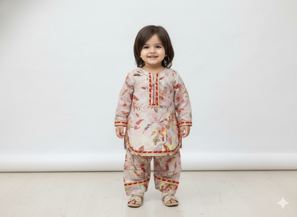 Girls' linen printed short shirt with fesrshi shelwar
