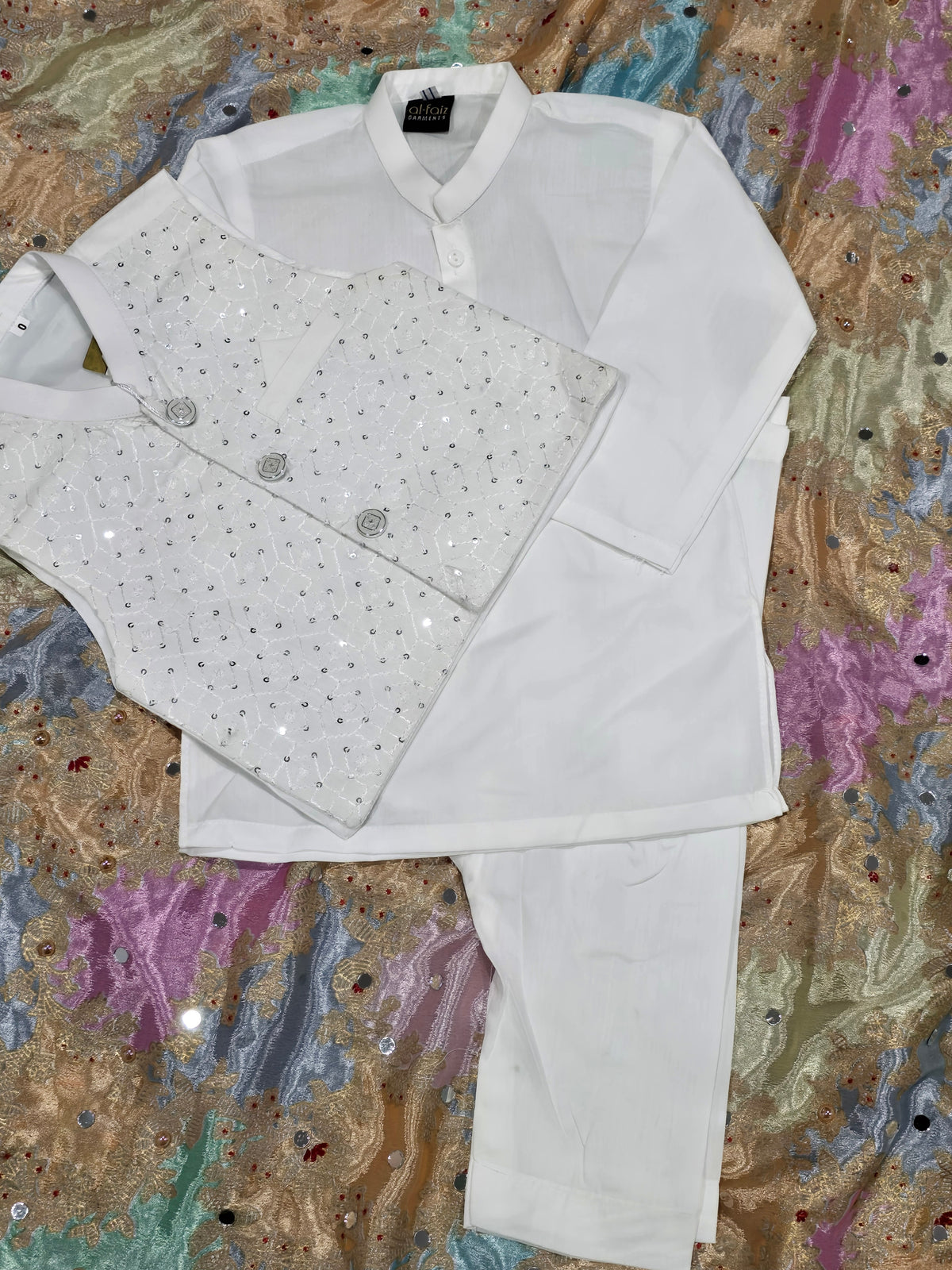 Infant white cotton kurta pyjama with embroidered Waistcoat