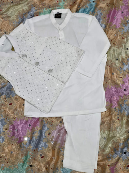 Infant white cotton kurta pyjama with embroidered Waistcoat