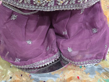 Girls Mauve Embroidered 3-Piece Set: Organza kurta with a pearl-beaded yoke, matching embroidered gharara  and a lightweight dupatta.