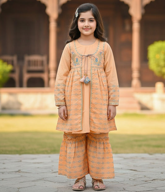 Girls peach A-line kurta with jacket-style embroidery and flared tiered gharara pants