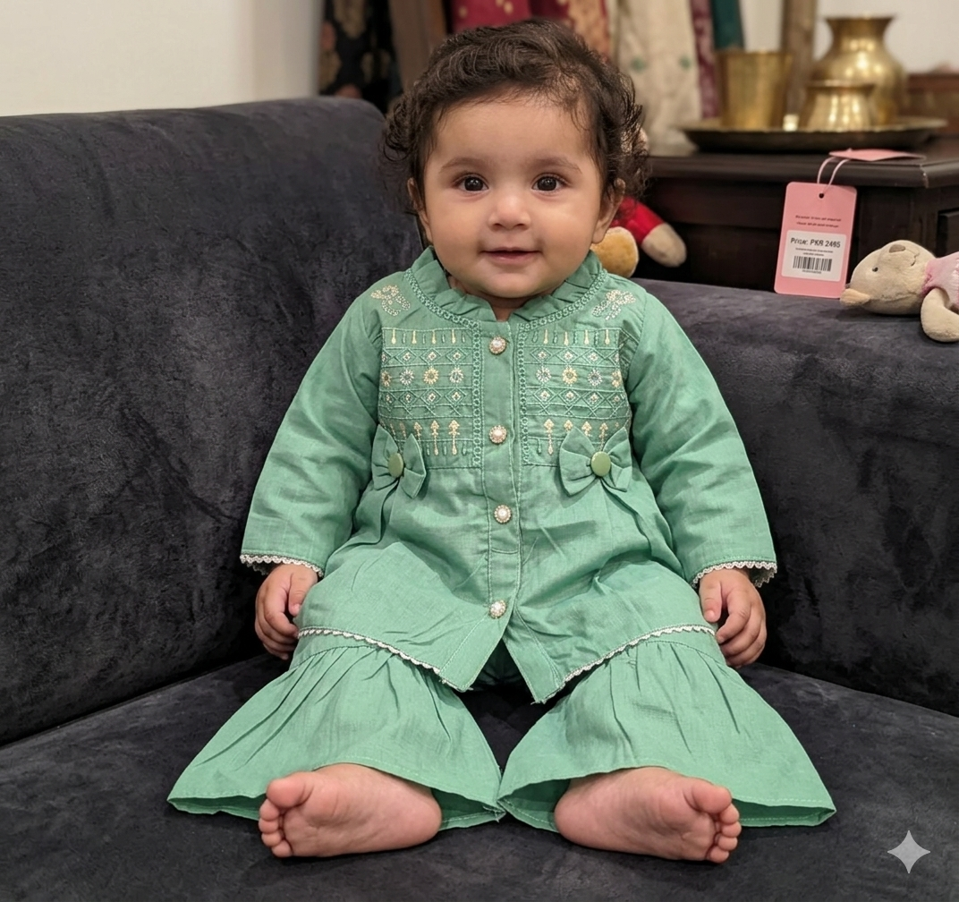 Infant sage green embroidered peplum top and matching ruffled gharara pants.