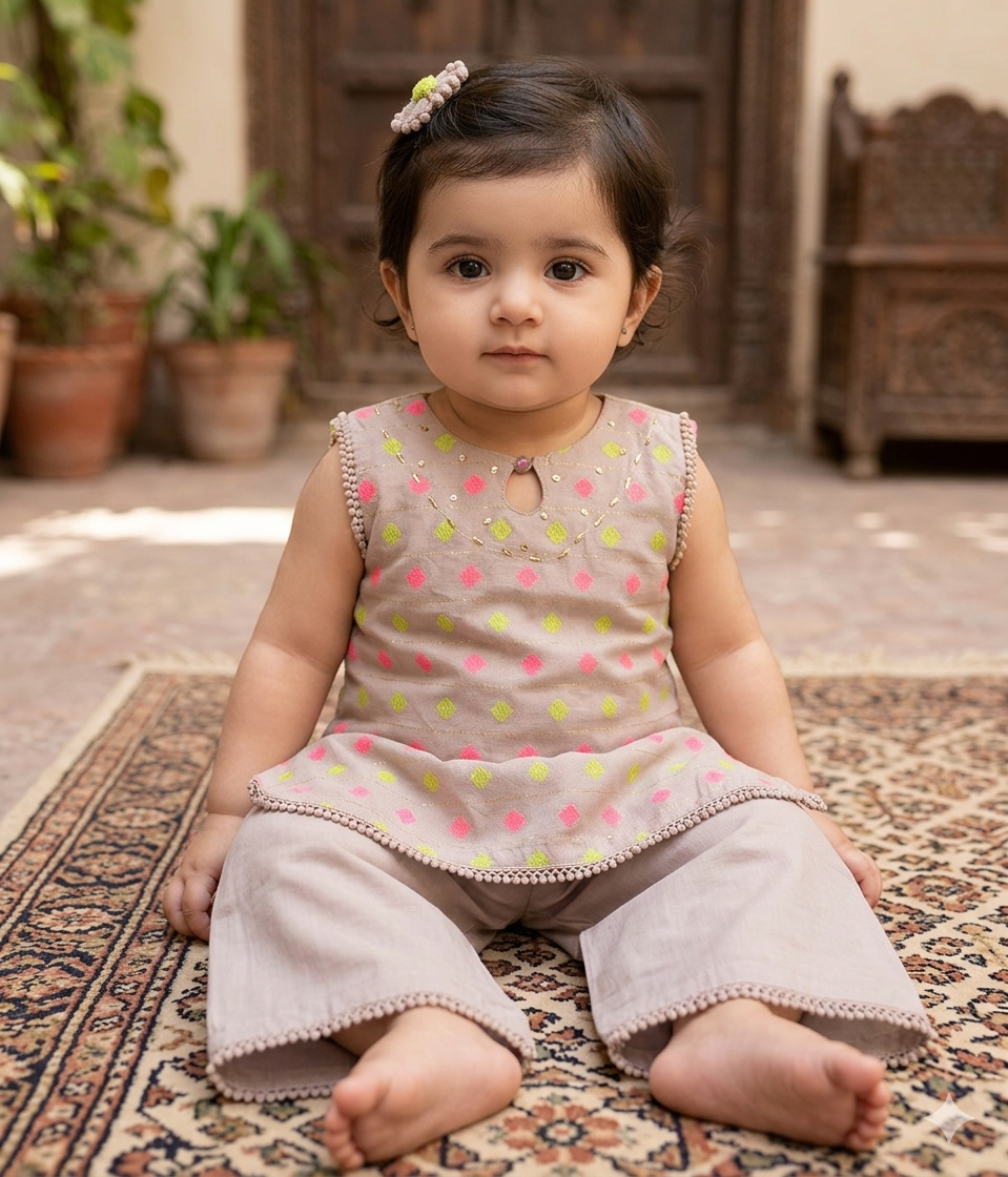 Infant lawn sleeveless  tunic kurta  and matching wide-leg trousers with pink and lime green diamond patterns