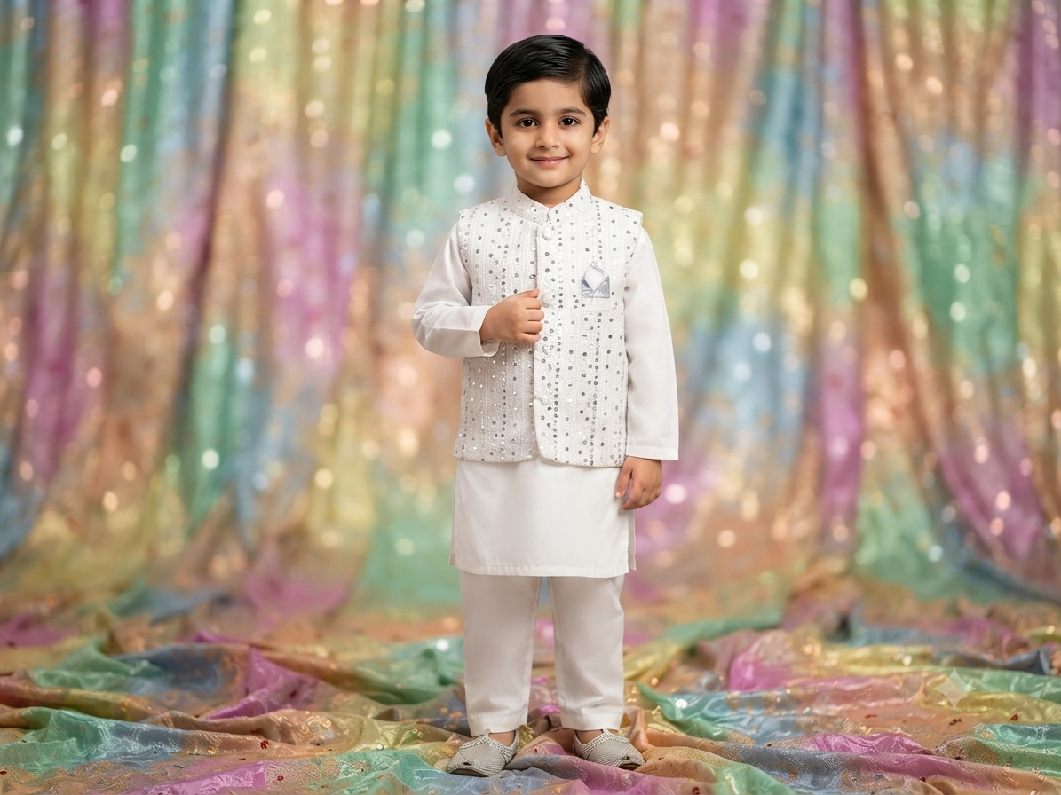 Boys white cotton kurta pyajama with jamawar waistcoat