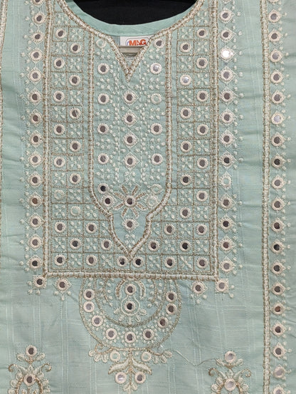 Girls' cotton dress with full mirror work embroidery and matching pants.