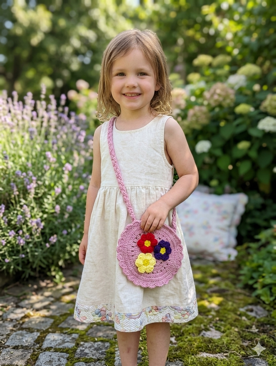 Girls handmade, pink crocheted round shoulder bag .