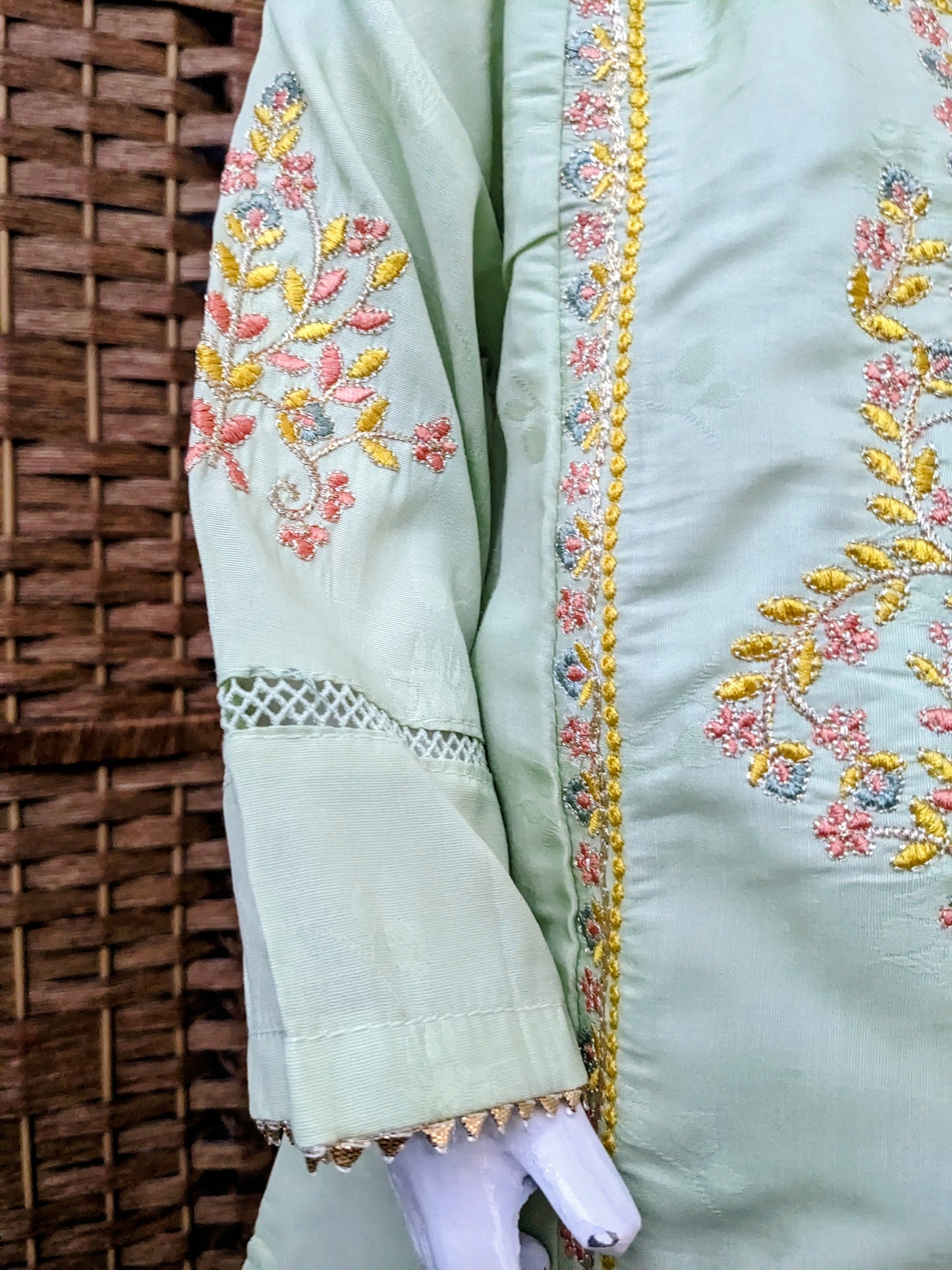 Girls seafoam green self print and fully embroidered cotton air line shirt with loose pants