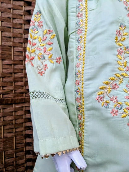 Girls seafoam green self print and fully embroidered cotton air line shirt with loose pants