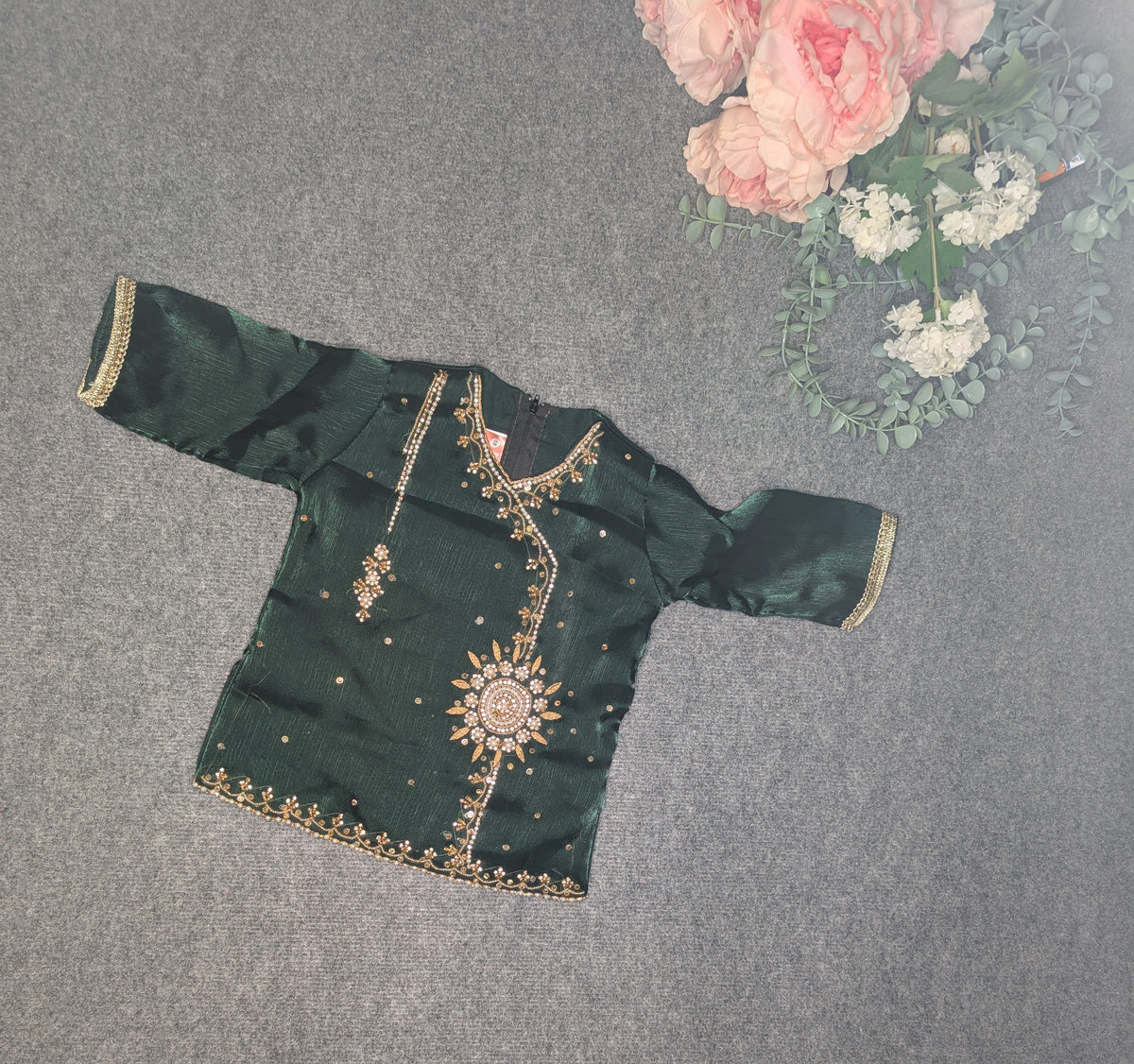 Girls' Emerald Festive Sharara Set with Gold Embellishments