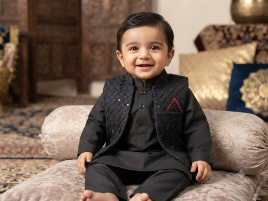 Infant black cotton kurta pyjama with embroidered Waistcoat