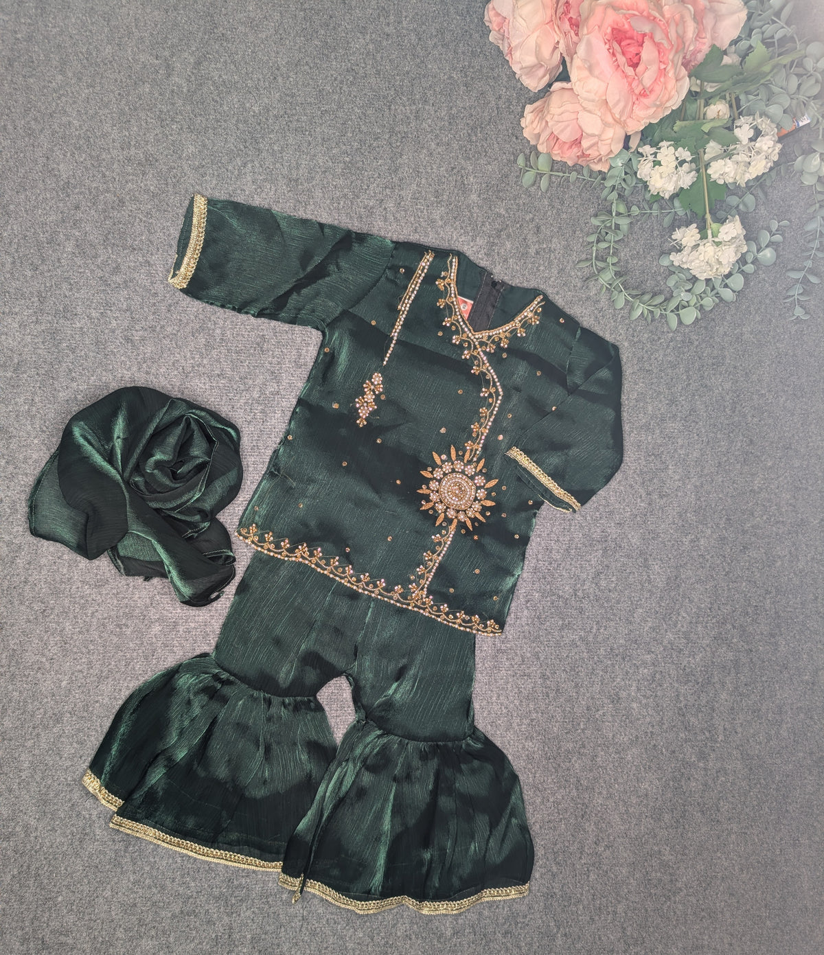 Girls' Emerald Festive Sharara Set with Gold Embellishments