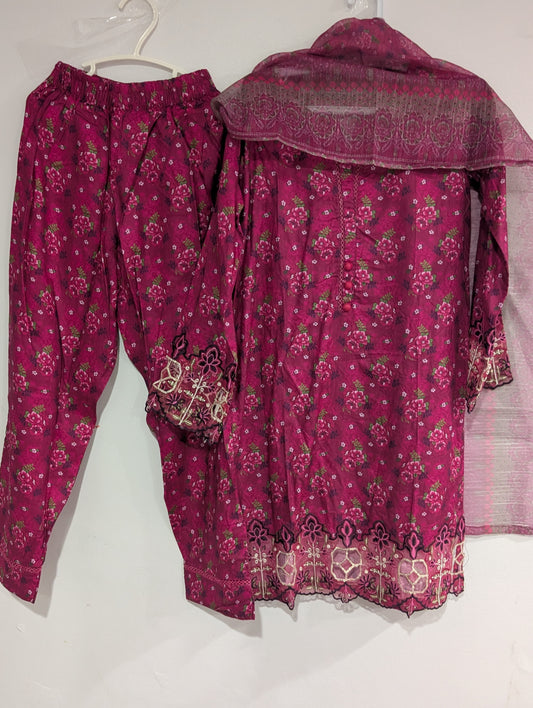 Girls linen printed, boring work on sleeves and damun kurta with matching pants and net printed dupatta