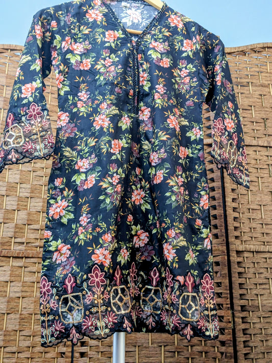 Girls black printed and embroidered linen shirt with matching trouser and dupatta