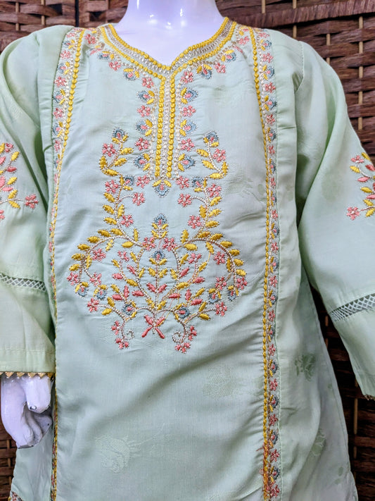 Girls seafoam green self print and fully embroidered cotton air line shirt with loose pants