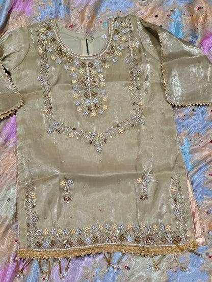 Girls /Olive-gold/  hand-embroidered /silk/ short kurta paired with matching flared gharara and sheer dupatta.
