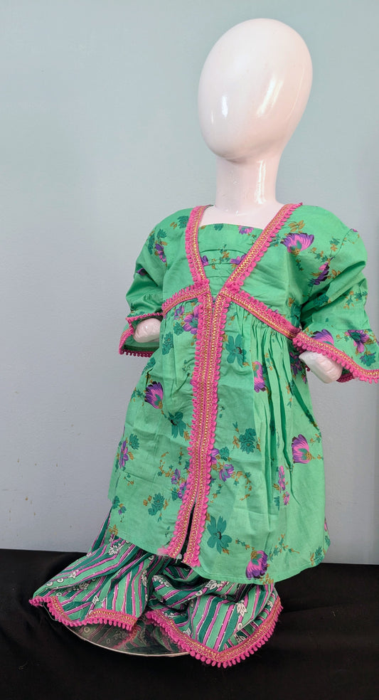 Girls' green printed and lace work cotton lawn frock with printed gharara style pants.